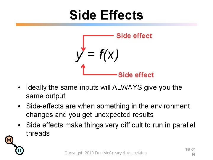 Side Effects Side effect y = f(x) Side effect • Ideally the same inputs Side Effects Side effect y = f(x) Side effect • Ideally the same inputs
