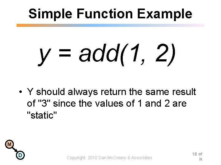 Simple Function Example y = add(1, 2) • Y should always return the same Simple Function Example y = add(1, 2) • Y should always return the same