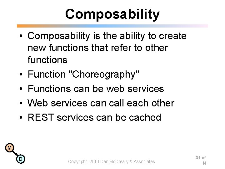 Composability • Composability is the ability to create new functions that refer to other Composability • Composability is the ability to create new functions that refer to other