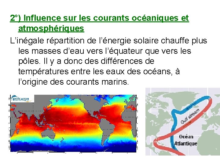 2°) Influence sur les courants océaniques et atmosphériques L’inégale répartition de l’énergie solaire chauffe