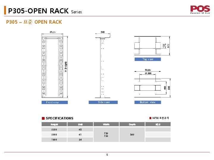 P 305 -OPEN RACK Series P 305 – 표준 OPEN RACK Front ■ SPECIFICATIONS