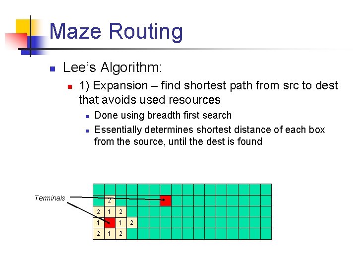 Maze Routing n Lee’s Algorithm: n 1) Expansion – find shortest path from src