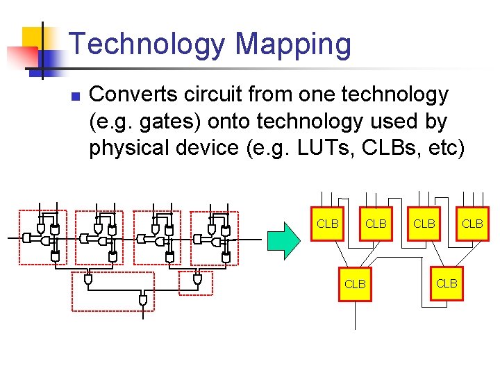 Technology Mapping n Converts circuit from one technology (e. g. gates) onto technology used