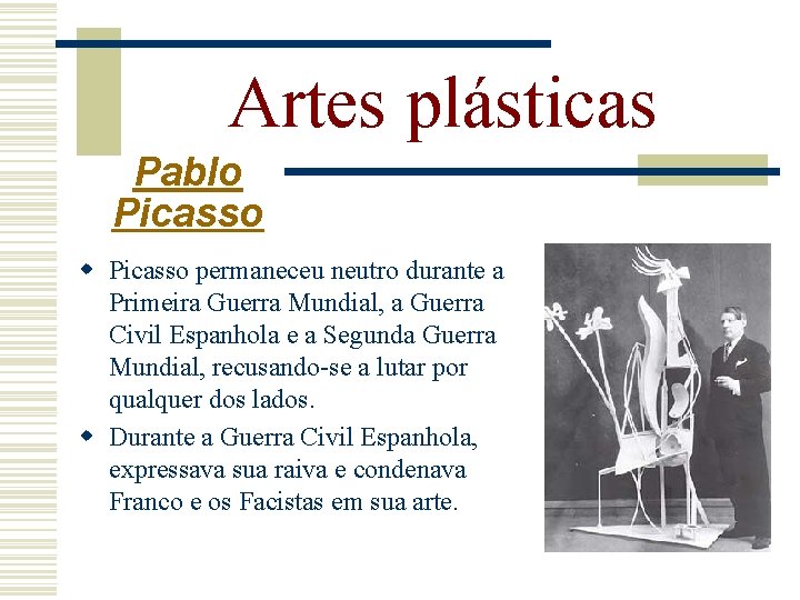 Artes plásticas Pablo Picasso w Picasso permaneceu neutro durante a Primeira Guerra Mundial, a