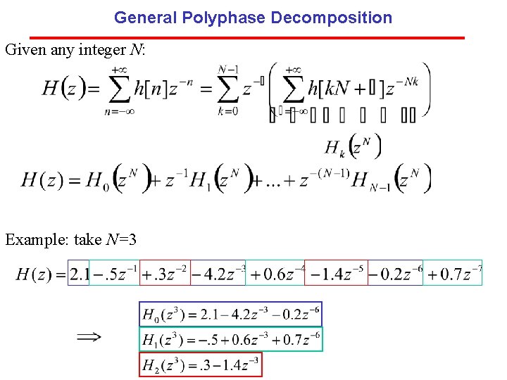 General Polyphase Decomposition Given any integer N: Example: take N=3 General Polyphase Decomposition Given any integer N: Example: take N=3