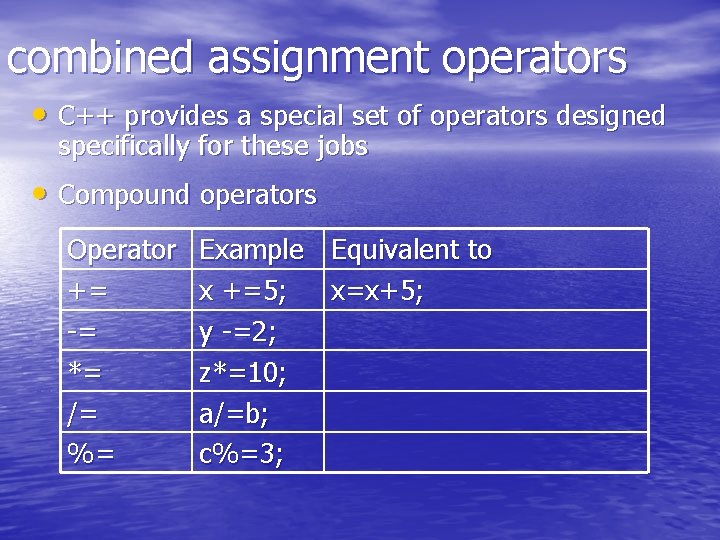 combined assignment operators • C++ provides a special set of operators designed specifically for