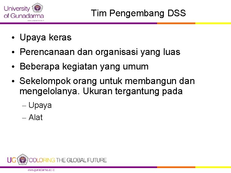 Tim Pengembang DSS • Upaya keras • Perencanaan dan organisasi yang luas • Beberapa