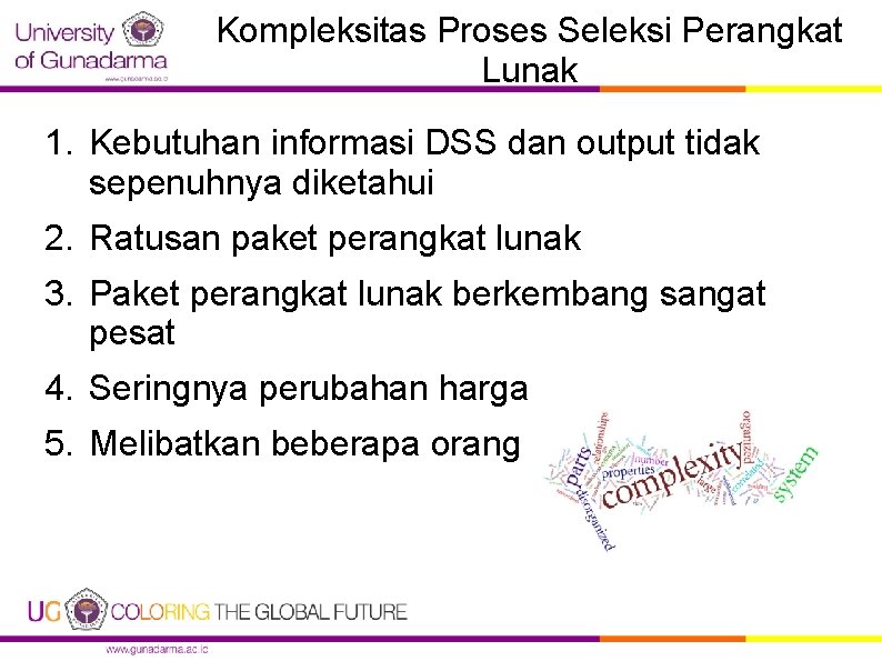 Kompleksitas Proses Seleksi Perangkat Lunak 1. Kebutuhan informasi DSS dan output tidak sepenuhnya diketahui