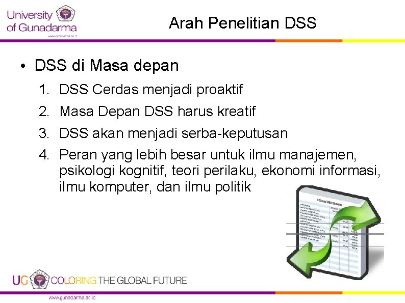 Arah Penelitian DSS • DSS di Masa depan 1. 2. 3. 4. DSS Cerdas