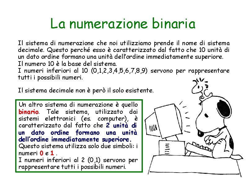 La numerazione binaria Il sistema di numerazione che noi utilizziamo prende il nome di