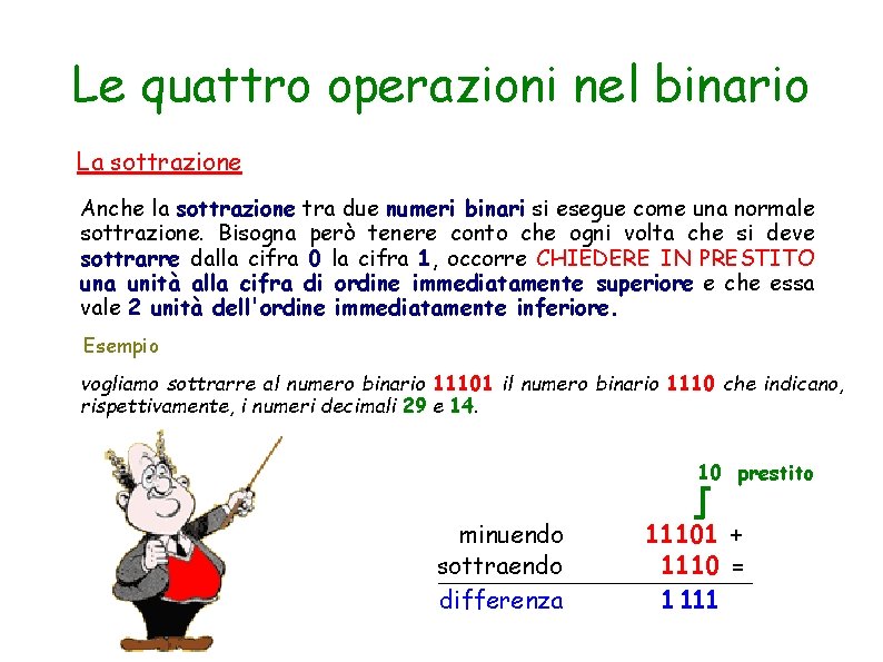 Le quattro operazioni nel binario La sottrazione Anche la sottrazione tra due numeri binari