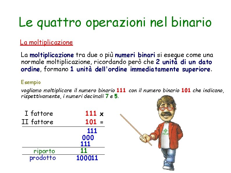 Le quattro operazioni nel binario La moltiplicazione tra due o più numeri binari si