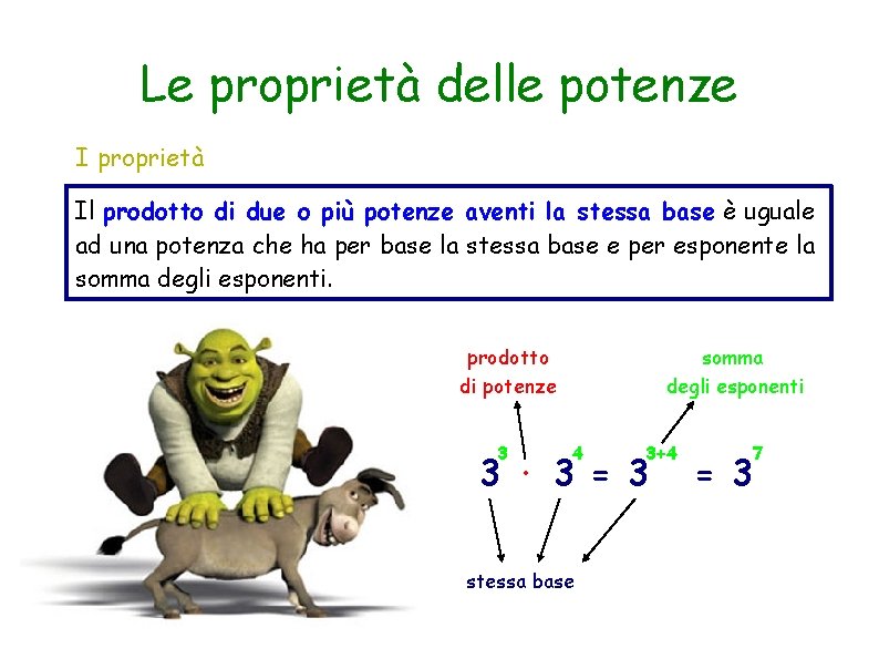 Le proprietà delle potenze I proprietà Il prodotto di due o più potenze aventi