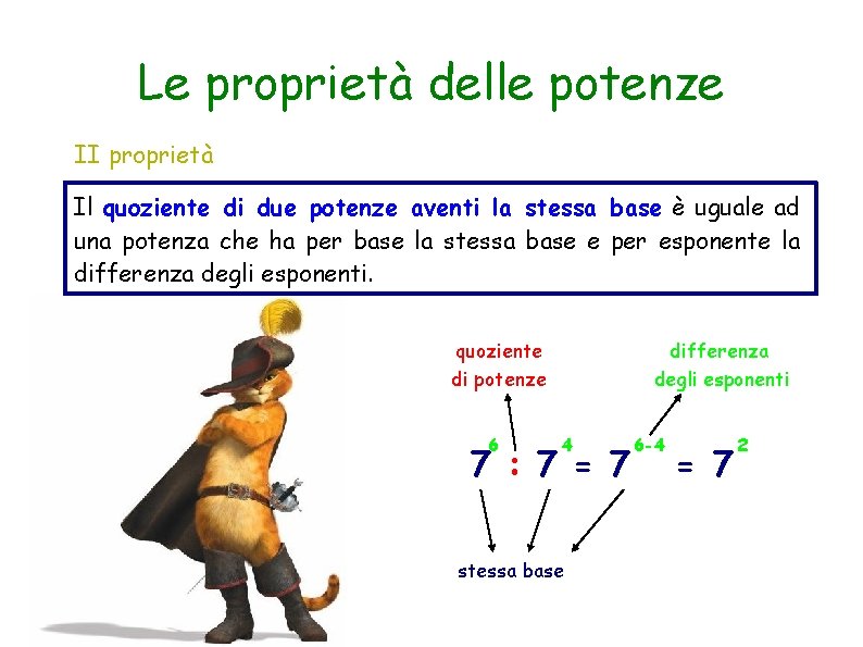 Le proprietà delle potenze II proprietà Il quoziente di due potenze aventi la stessa