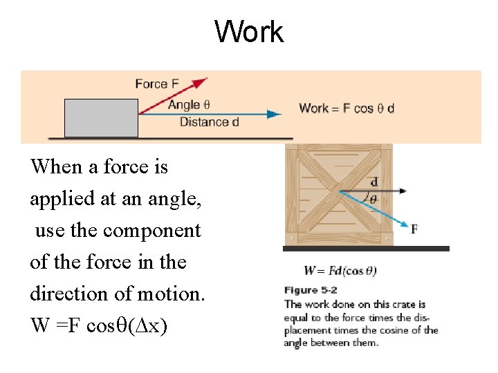 Work When a force is applied at an angle, use the component of the