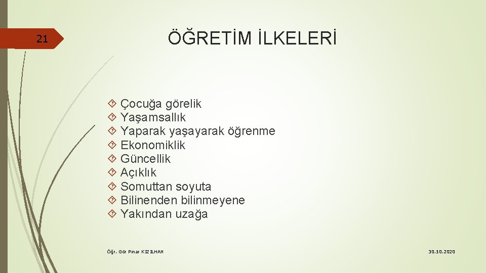 ÖĞRETİM İLKELERİ 21 Çocuğa görelik Yaşamsallık Yaparak yaşayarak öğrenme Ekonomiklik Güncellik Açıklık Somuttan soyuta