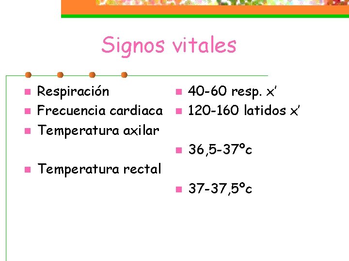 Signos vitales n n Respiración Frecuencia cardiaca Temperatura axilar n 40 -60 resp. x’