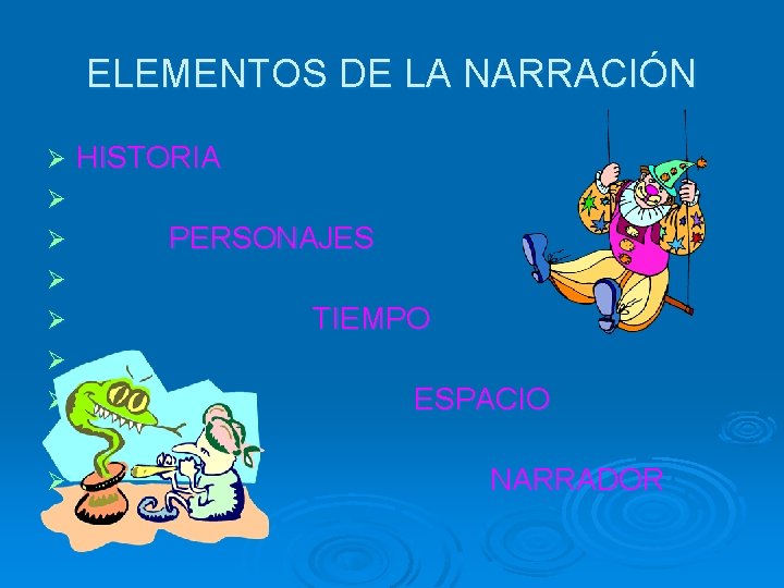 ELEMENTOS DE LA NARRACIÓN Ø HISTORIA Ø Ø PERSONAJES Ø Ø TIEMPO Ø Ø