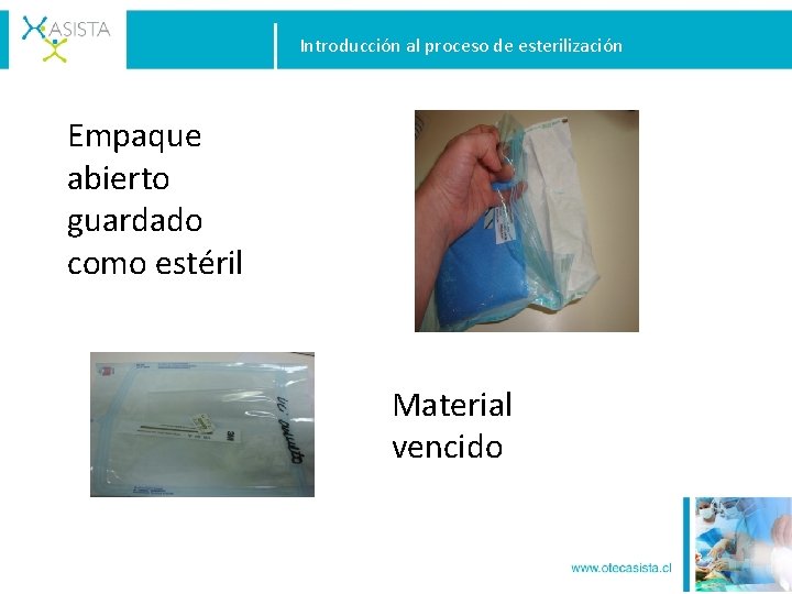 Introducción al proceso de esterilización Empaque abierto guardado como estéril Material vencido 