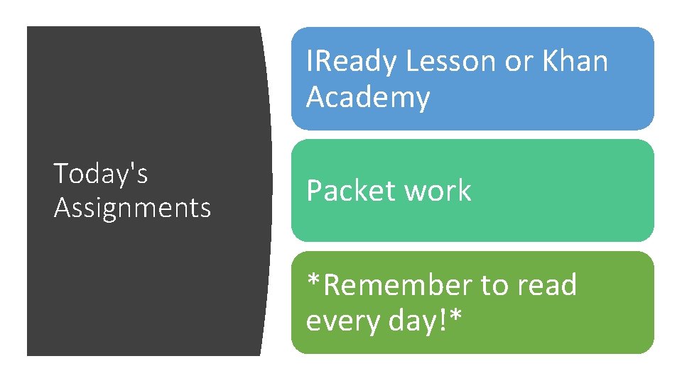 IReady Lesson or Khan Academy Today's Assignments Packet work *Remember to read every day!* IReady Lesson or Khan Academy Today's Assignments Packet work *Remember to read every day!*