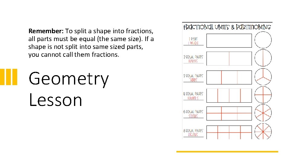 Remember: To split a shape into fractions, all parts must be equal (the same Remember: To split a shape into fractions, all parts must be equal (the same