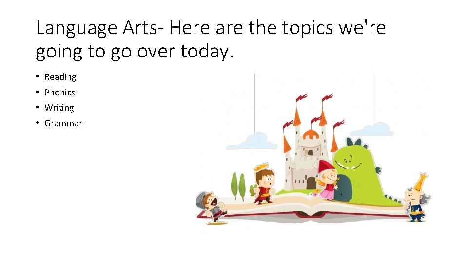 Language Arts- Here are the topics we're going to go over today. • Reading Language Arts- Here are the topics we're going to go over today. • Reading