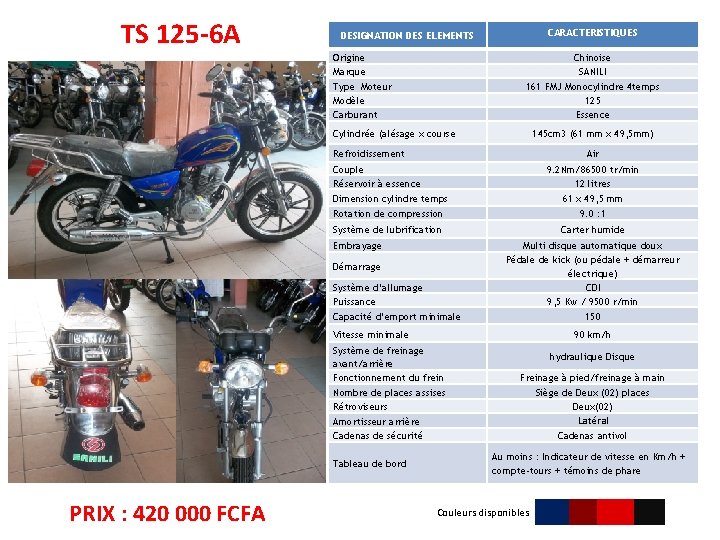 TS 125 -6 A CARACTERISTIQUES DESIGNATION DES ELEMENTS Origine Marque Type Moteur Modèle Carburant