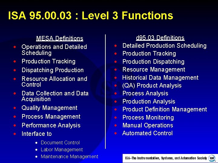 ISA 95. 00. 03 : Level 3 Functions · · · · · MESA