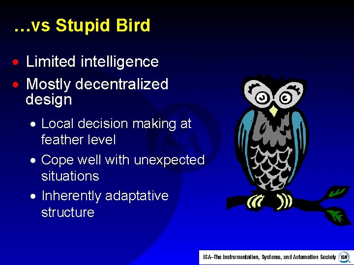 …vs Stupid Bird · Limited intelligence · Mostly decentralized design · Local decision making