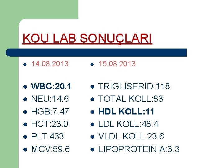 KOU LAB SONUÇLARI l 14. 08. 2013 l 15. 08. 2013 l WBC: 20.