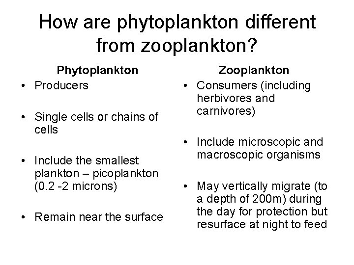 How are phytoplankton different from zooplankton? Phytoplankton • Producers • Single cells or chains