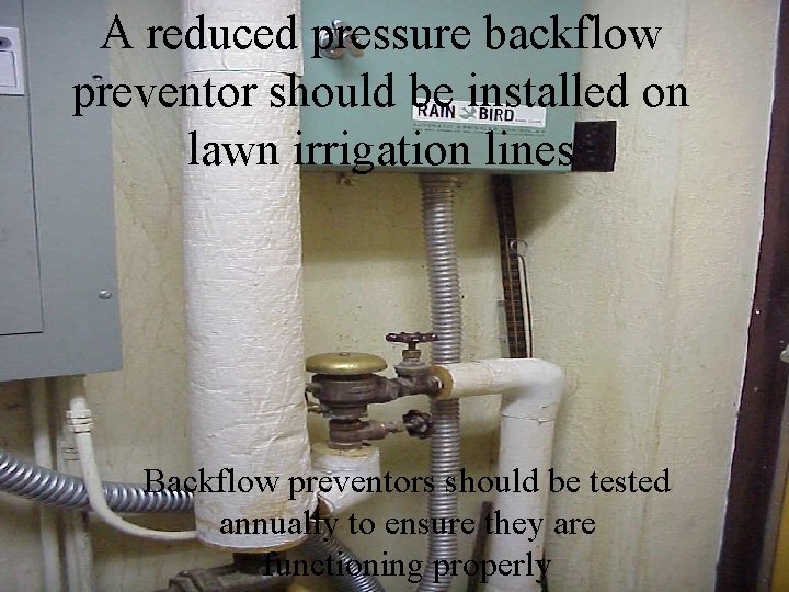 A reduced pressure backflow preventor should be installed on lawn irrigation lines Backflow preventors