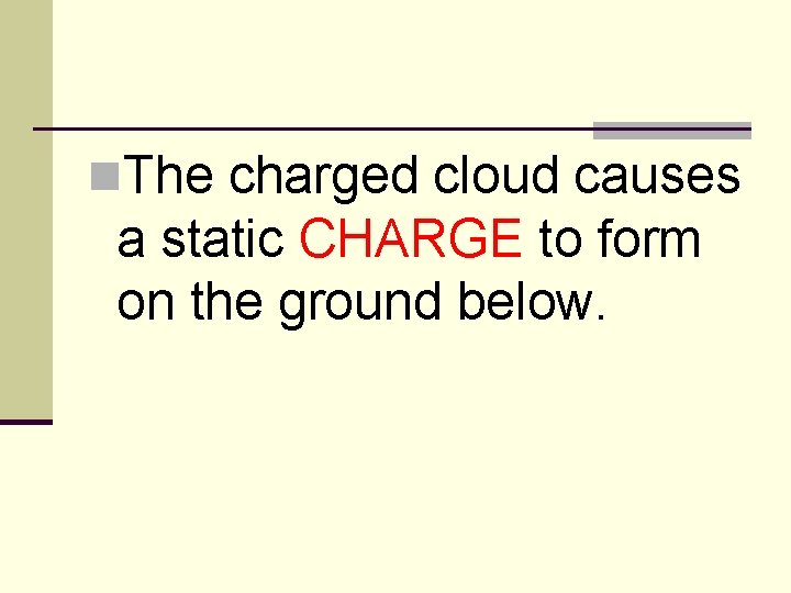 n. The charged cloud causes a static CHARGE to form on the ground below.