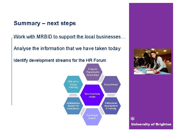 Summary – next steps Work with MRBID to support the local businesses Analyse the