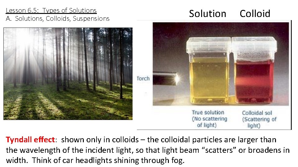 Lesson 6. 5: Types of Solutions A. Solutions, Colloids, Suspensions Solution Colloid Tyndall effect: