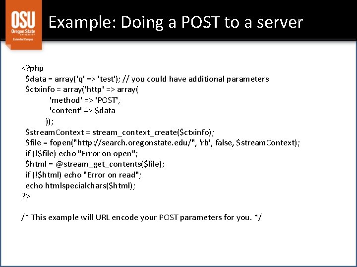 Example: Doing a POST to a server <? php $data = array('q' => 'test');