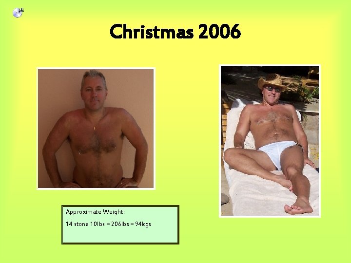 Christmas 2006 Approximate Weight: 14 stone 10 lbs = 206 lbs = 94 kgs