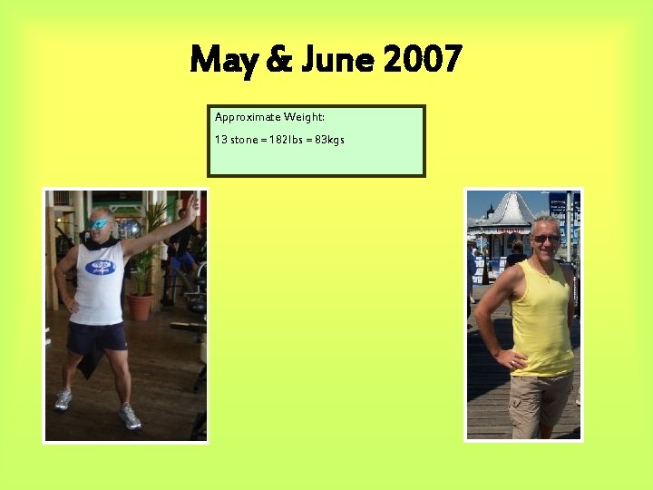 May & June 2007 Approximate Weight: 13 stone = 182 lbs = 83 kgs