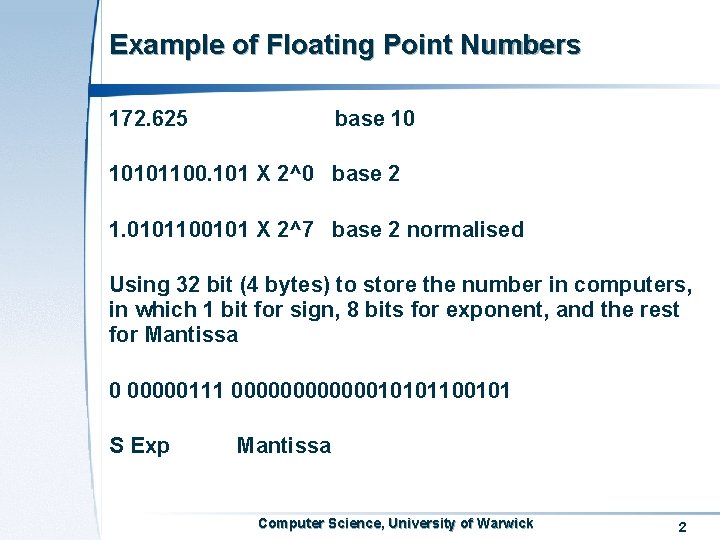 Example of Floating Point Numbers 172. 625 base 10 10101100. 101 X 2^0 base
