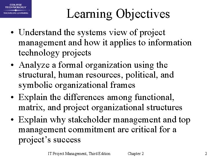 Learning Objectives • Understand the systems view of project management and how it applies