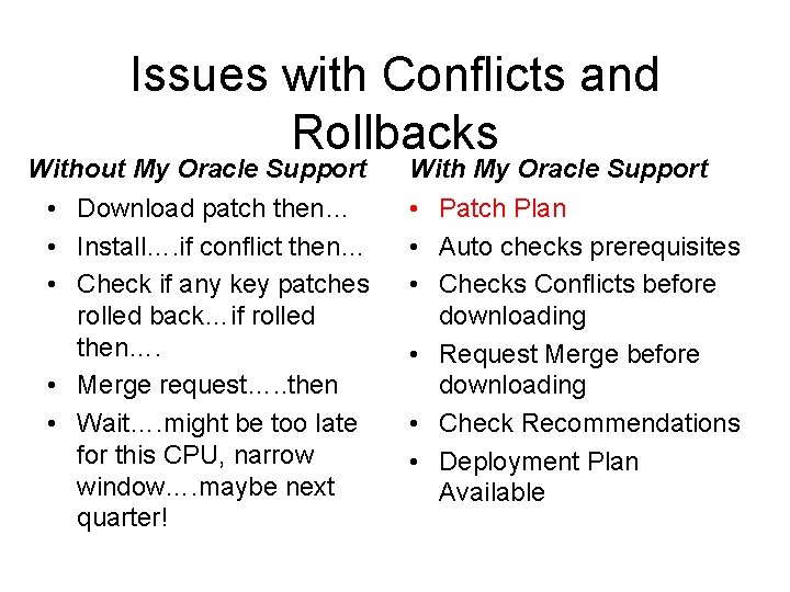 Issues with Conflicts and Rollbacks Without My Oracle Support • Download patch then… •