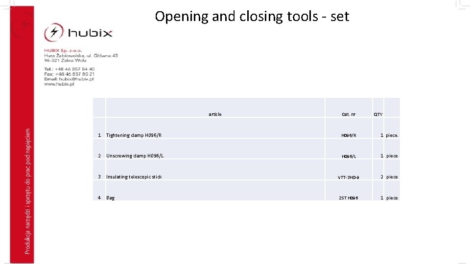 Opening and closing tools - set article Cat. nr QTY 1 Tightening clamp H