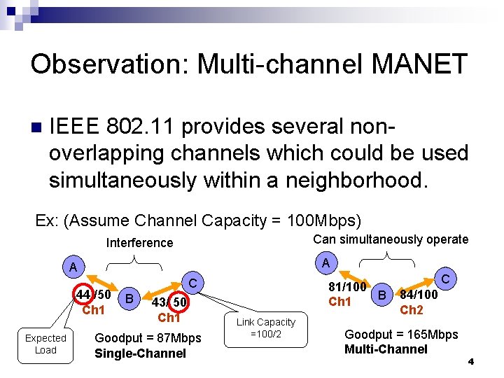 Observation: Multi-channel MANET n IEEE 802. 11 provides several nonoverlapping channels which could be