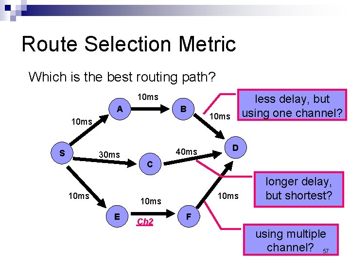 Route Selection Metric Which is the best routing path? 10 ms A B 10