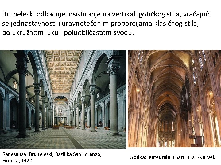 Bruneleski odbacuje insistiranje na vertikali gotičkog stila, vraćajući se jednostavnosti i uravnoteženim proporcijama klasičnog