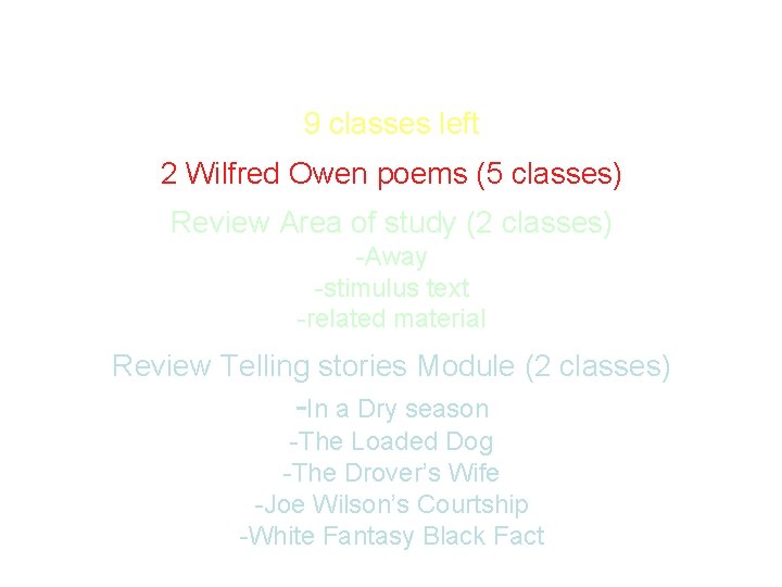 English Trials- The Facts 9 classes left 2 Wilfred Owen poems (5 classes) Review