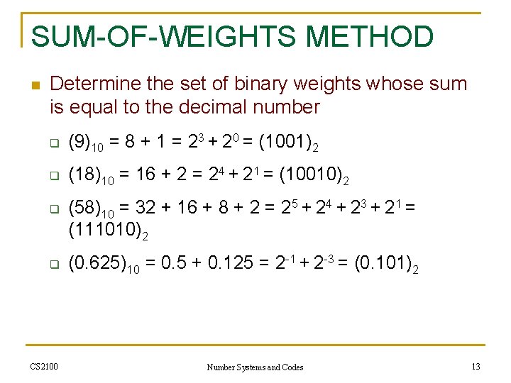 SUM-OF-WEIGHTS METHOD n Determine the set of binary weights whose sum is equal to