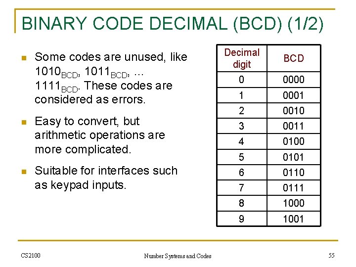 BINARY CODE DECIMAL (BCD) (1/2) n n n Some codes are unused, like 1010