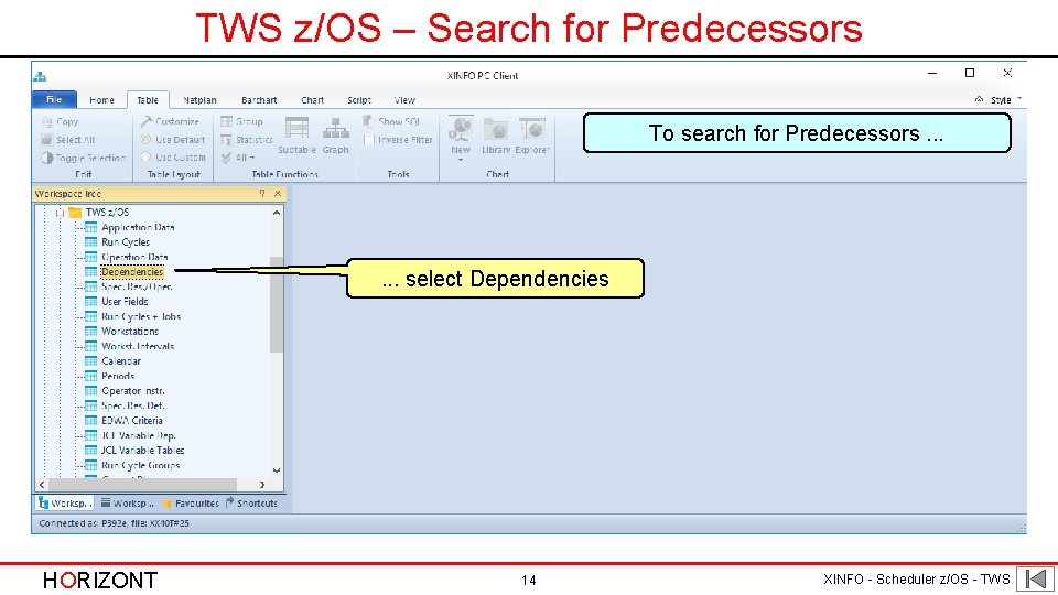 TWS z/OS – Search for Predecessors To search for Predecessors. . . select Dependencies