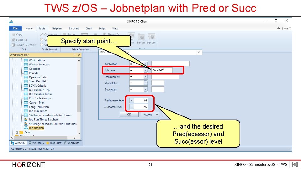 TWS z/OS – Jobnetplan with Pred or Succ Specify start point… …and the desired